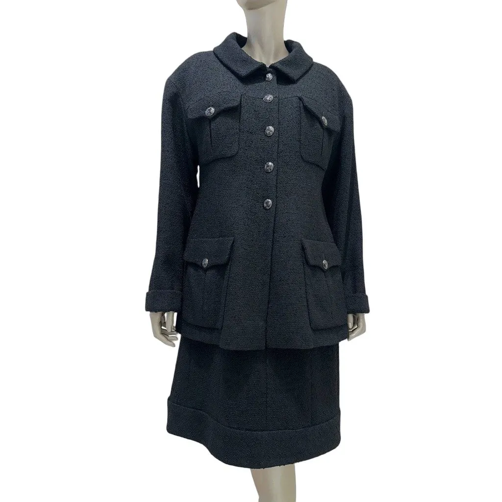 Chanel Black Bouclé Jacket & Dress Set - FR 48 Pre-owned Black Tweed Good - Front View
