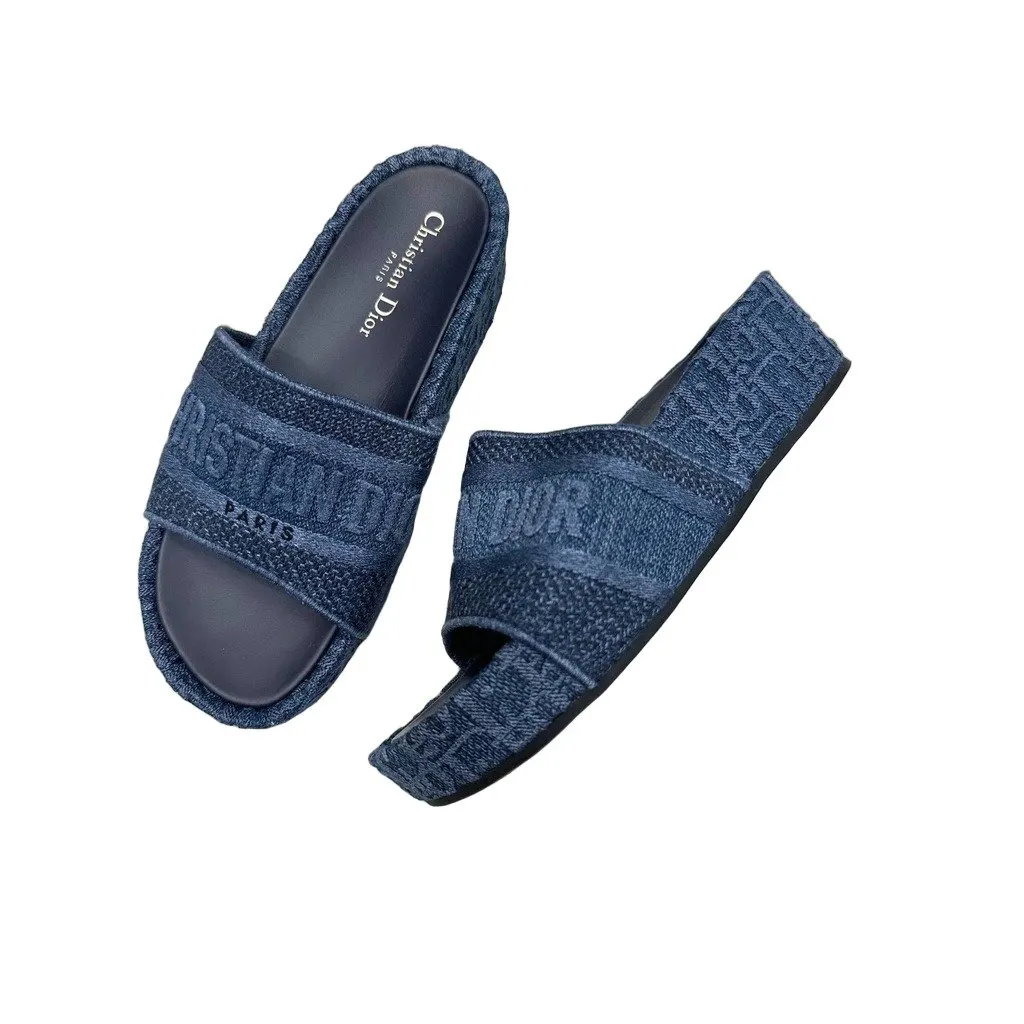 Christian Dior Dway Iconic Denim Logo Platform Slides Sz.38 Pre-owned MultiColor Denim Good - Front View