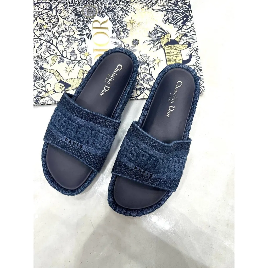 Christian Dior Dway Iconic Denim Logo Platform Slides Sz.38 Pre-owned MultiColor Denim Good - Back View