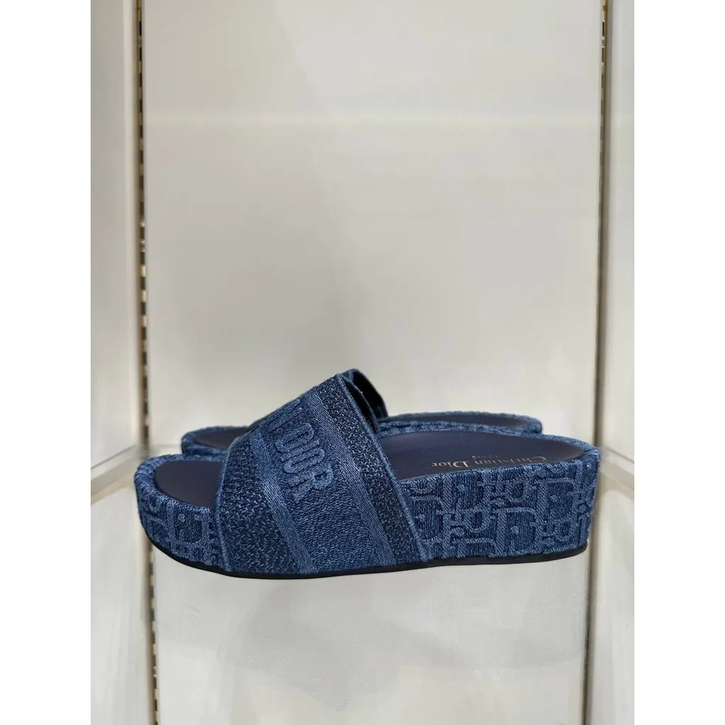 Christian Dior Dway Iconic Denim Logo Platform Slides Sz.38 Pre-owned MultiColor Denim Good - Inside View