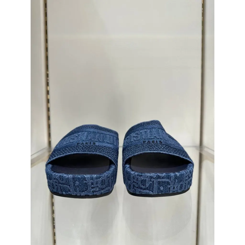 Christian Dior Dway Iconic Denim Logo Platform Slides Sz.38 Pre-owned MultiColor Denim Good - Model View