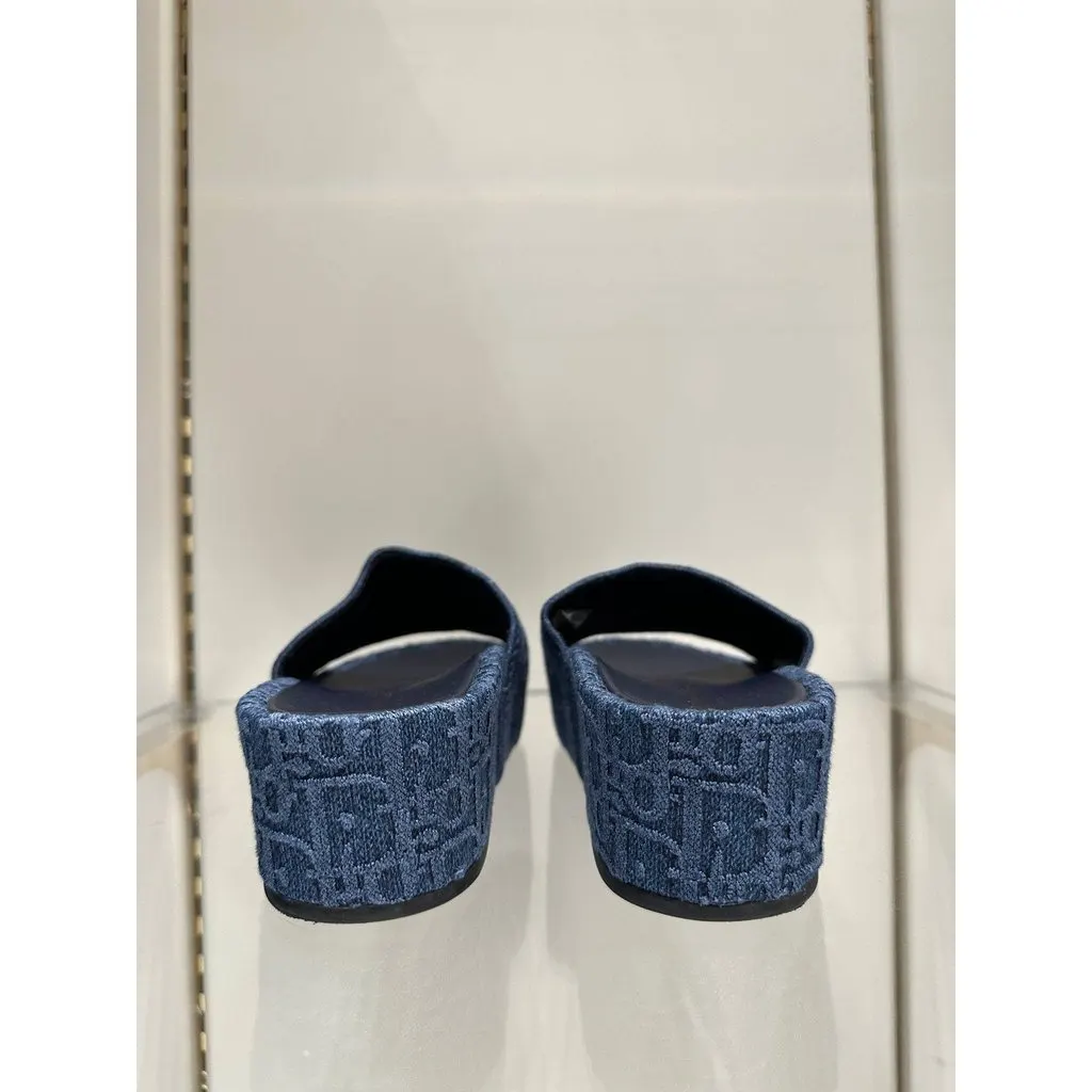 Christian Dior Dway Iconic Denim Logo Platform Slides Sz.38 Pre-owned MultiColor Denim Good - Box View