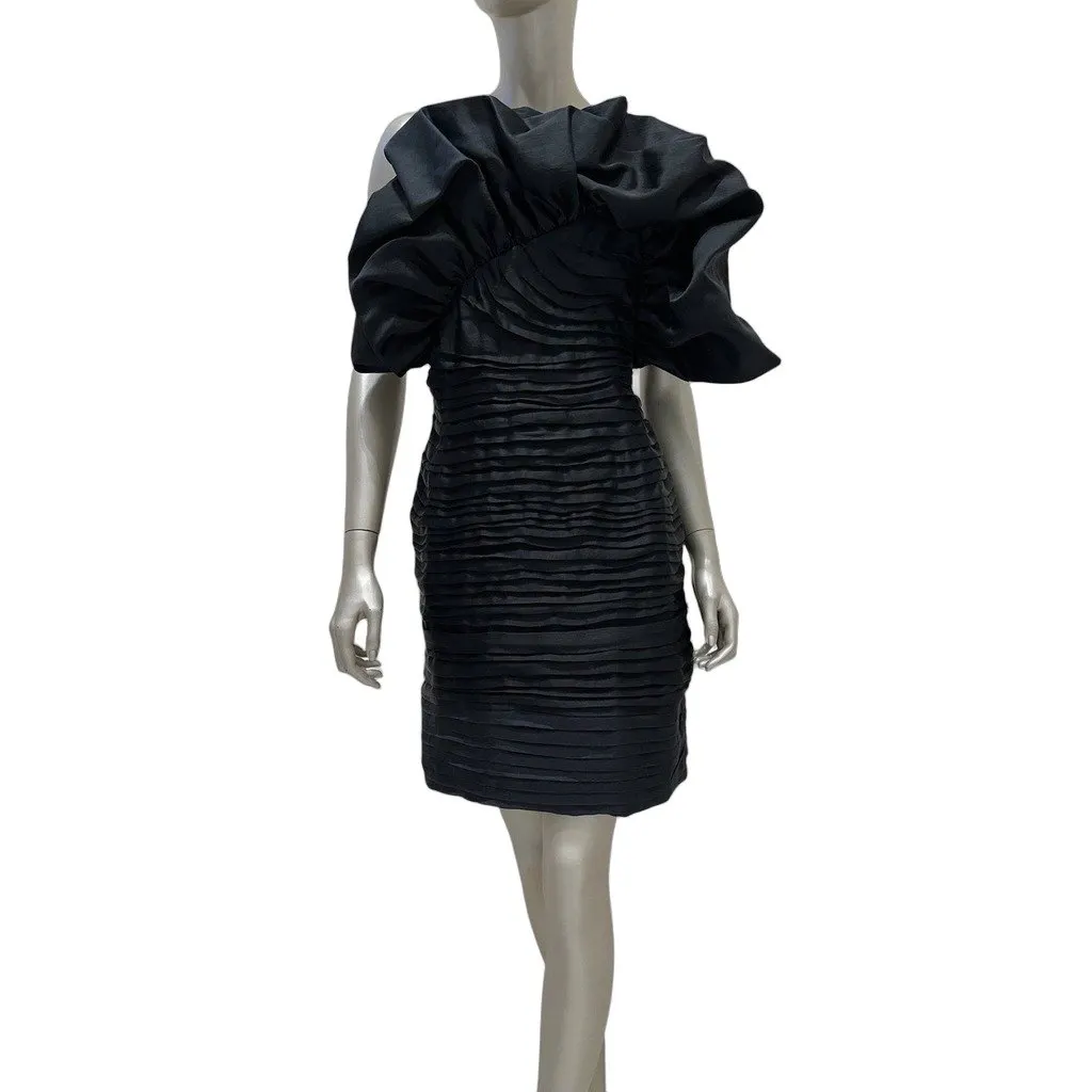Magda Butrym Black Ruffled One-Shoulder Mini Dress Sz.38 Pre-owned Black Linen Good - Front View