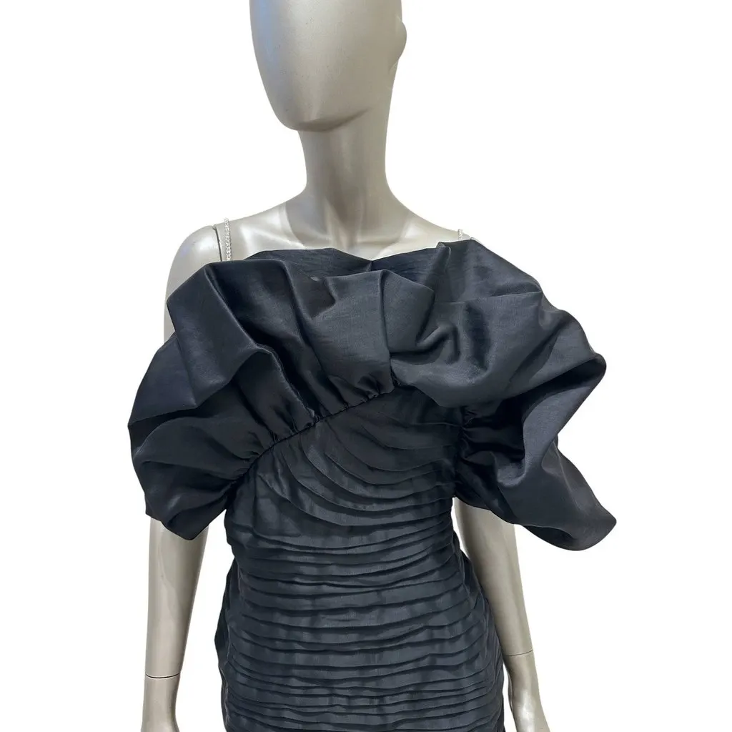 Magda Butrym Black Ruffled One-Shoulder Mini Dress Sz.38 Pre-owned Black Linen Good - Inside View