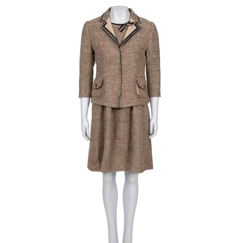 PRADA Brown Silk Blend Dress & Jacket Set Sz.44 Pre-owned Brown Silk Good - Front View