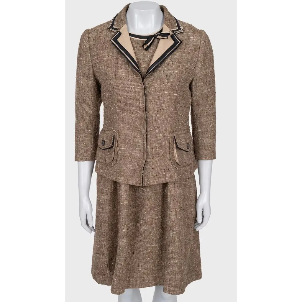 PRADA Brown Silk Blend Dress & Jacket Set Sz.44 Pre-owned Brown Silk Good - Model View