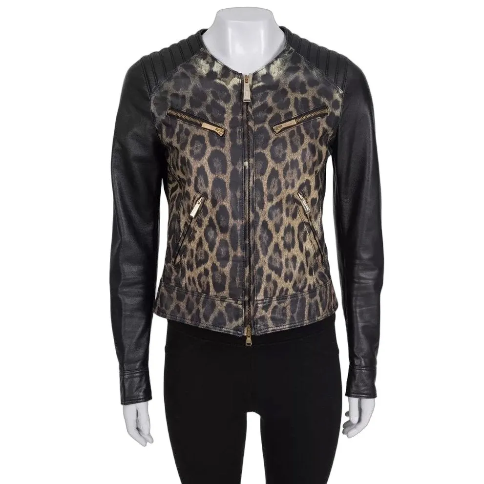 Roberto Cavalli Just Cavalli Chic Animal Print Leather Jacket IT 42 Pre-owned Black Leather Good - Front View
