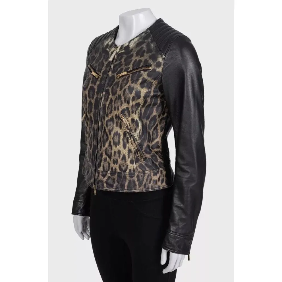 Roberto Cavalli Just Cavalli Chic Animal Print Leather Jacket IT 42 Pre-owned Black Leather Good - Back View