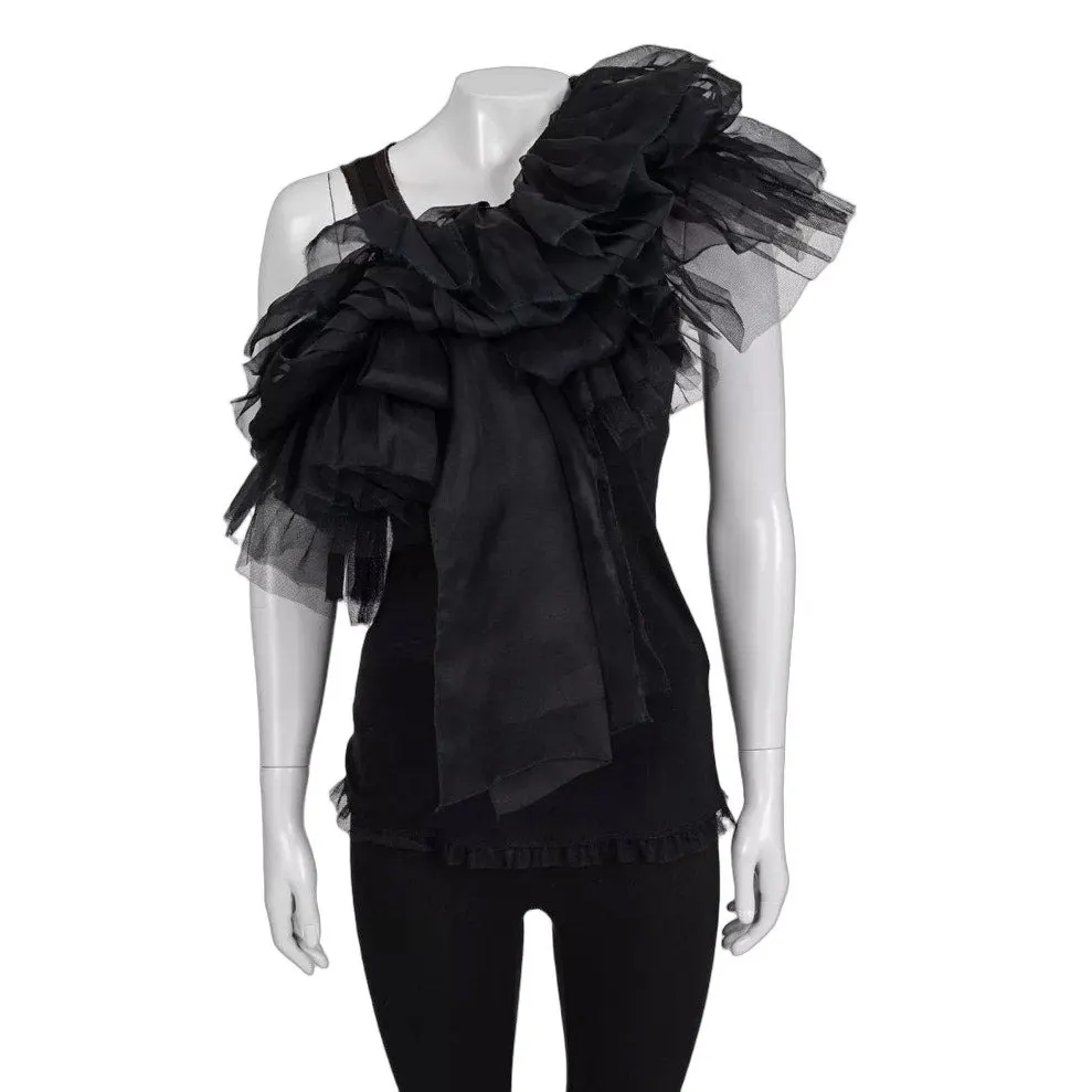 valentino Black Ruffle Mesh Tank Top - US 6 / M Pre-owned Black Good - Front View
