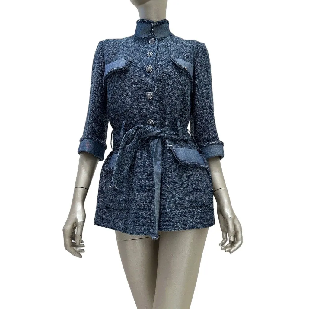 Chanel Spring 2012 Blue Tweed & Denim Belted Jacket FR 38 Pre-owned Blue Tweed Good - Front View