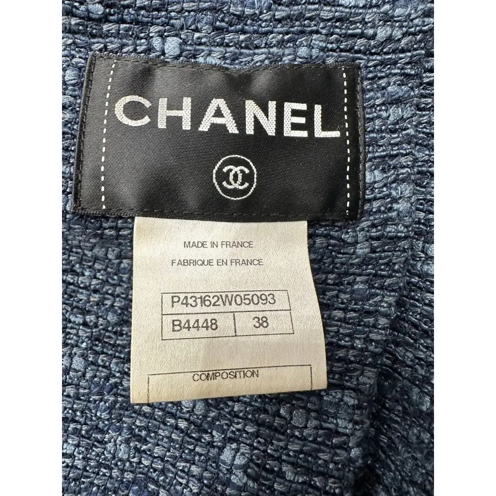 Chanel Spring 2012 Blue Tweed & Denim Belted Jacket FR 38 Pre-owned Blue Tweed Good - Box View