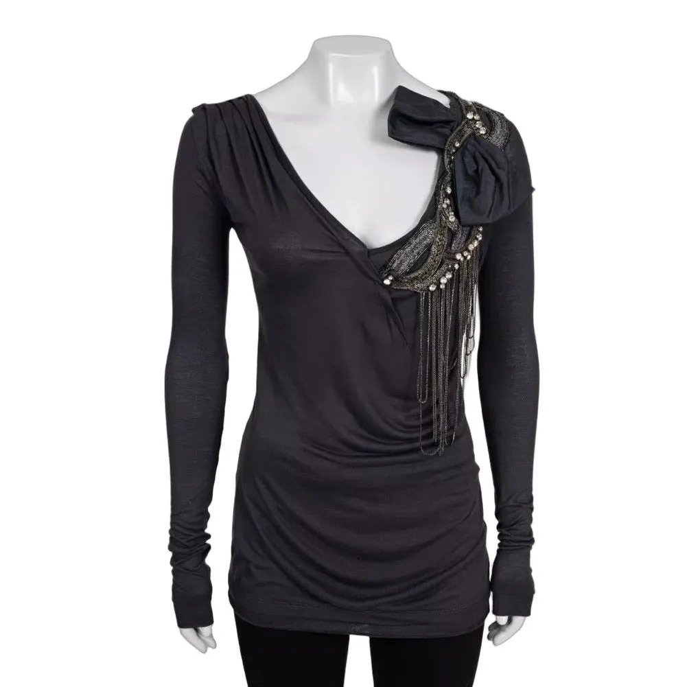 valentino Grey Embellished Long Sleeve Top US 4 pre-owned Grey Good - Front View
