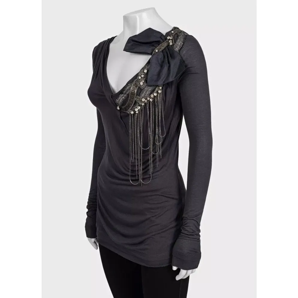 valentino Grey Embellished Long Sleeve Top US 4 pre-owned Grey Good - Back View