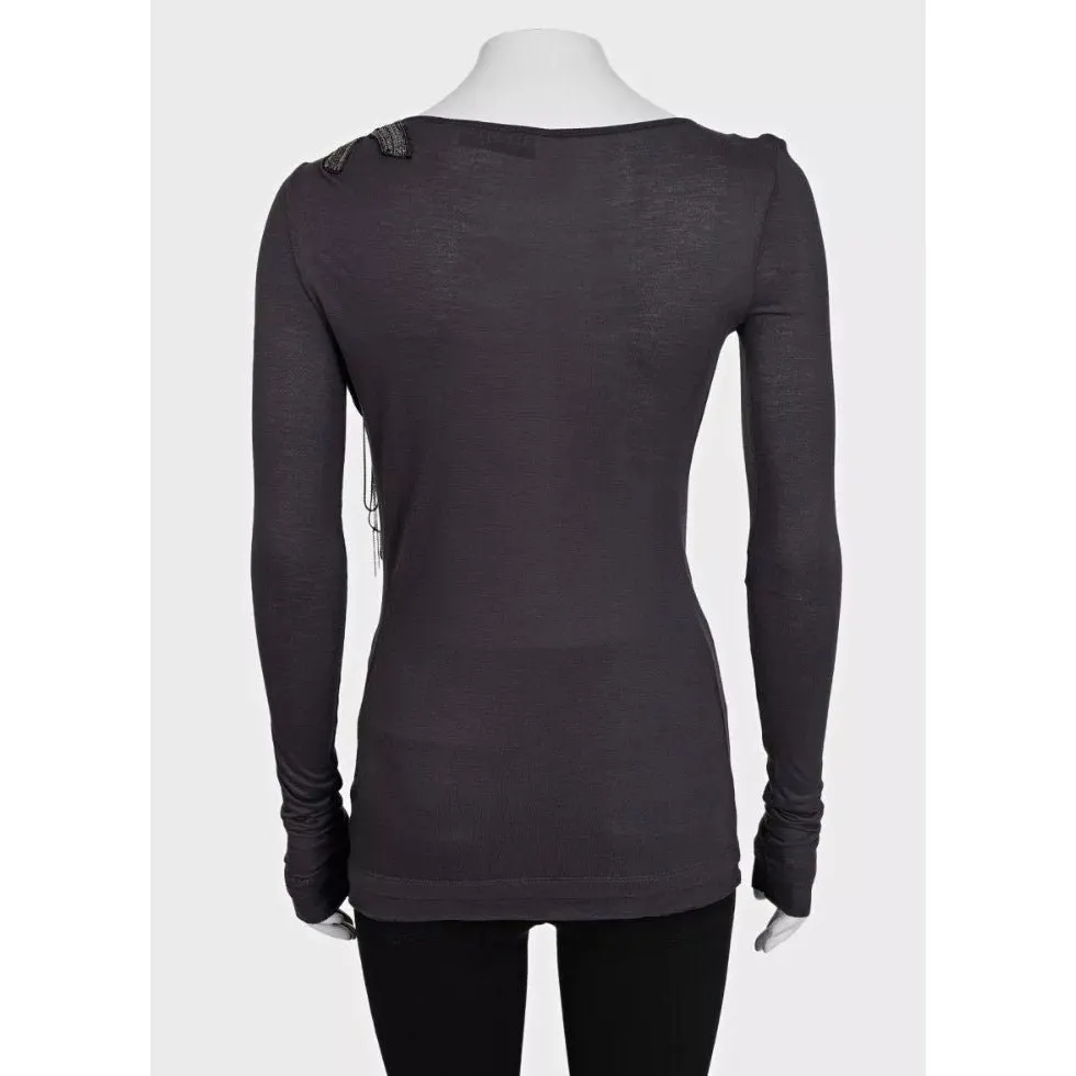 valentino Grey Embellished Long Sleeve Top US 4 pre-owned Grey Good - Inside View