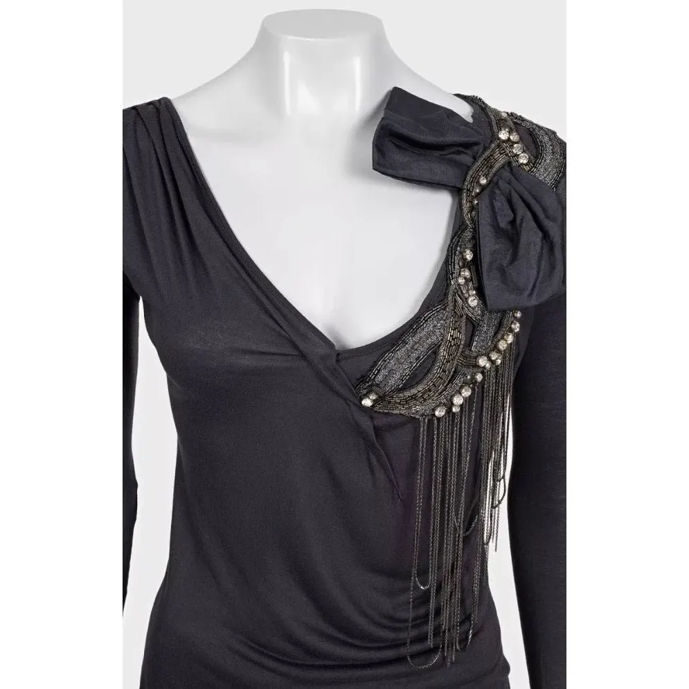 valentino Grey Embellished Long Sleeve Top US 4 pre-owned Grey Good - Model View
