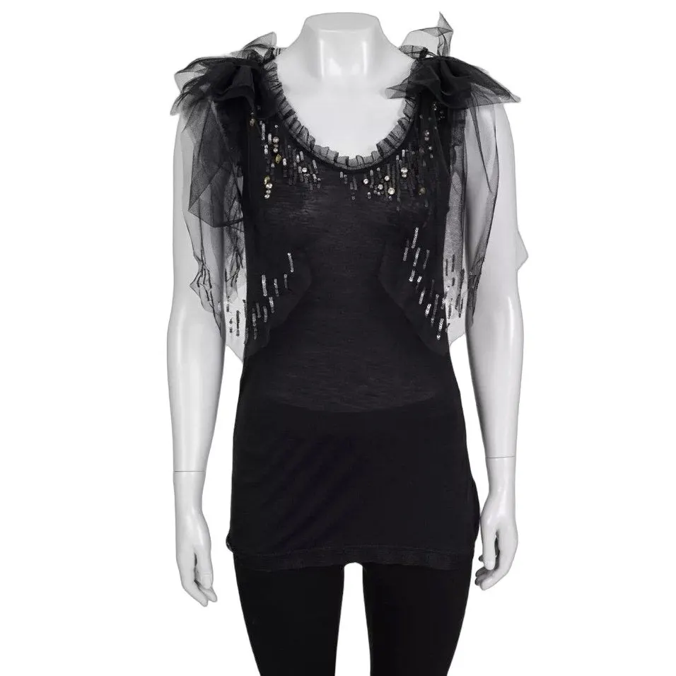 valentino Black Lace & Sequin Tank Top Size US 6 pre-owned Black Lace Good - Front View