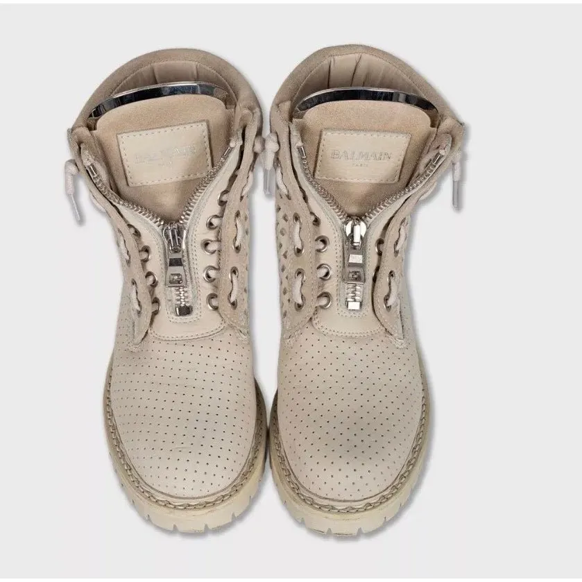 Balmain Perforated Leather & Suede Lace-Up Boots Size 36.5 Pre-owned Beige Leather Good - Back View