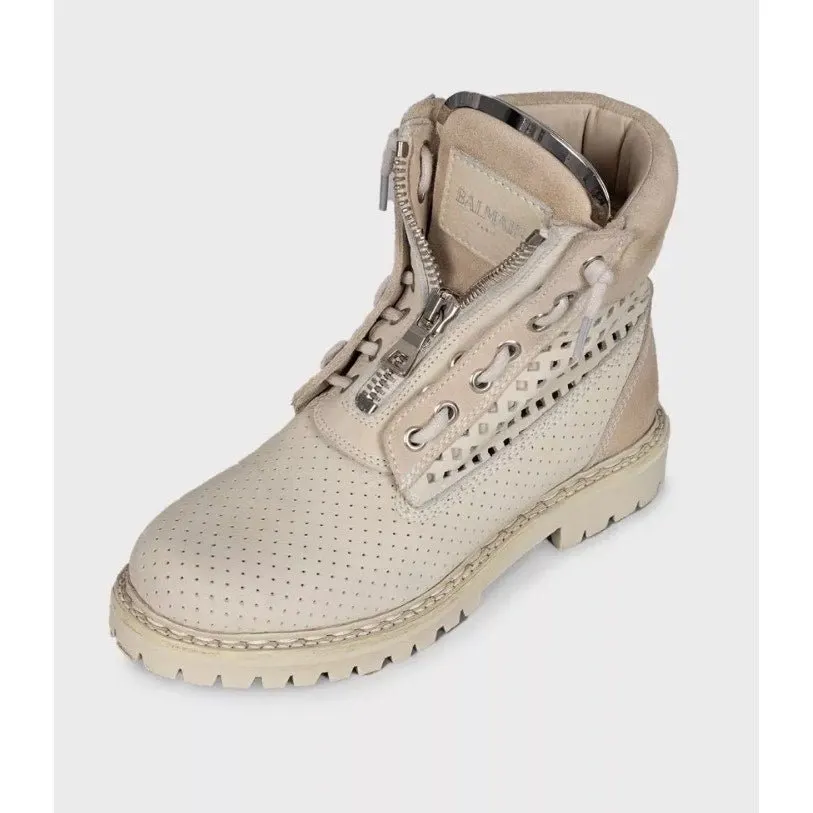 Balmain Perforated Leather & Suede Lace-Up Boots Size 36.5 Pre-owned Beige Leather Good - Inside View