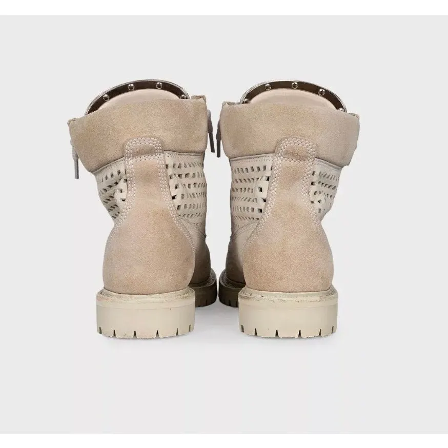 Balmain Perforated Leather & Suede Lace-Up Boots Size 36.5 Pre-owned Beige Leather Good - Model View