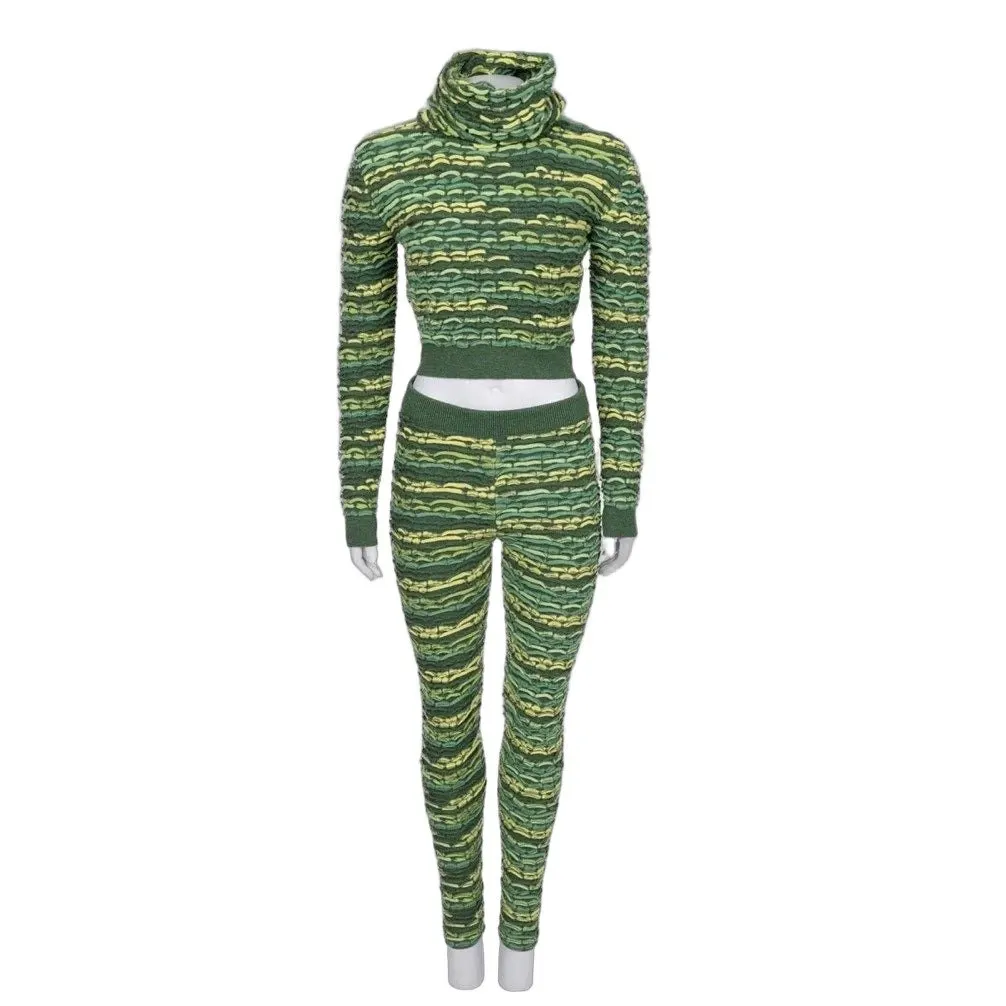 Chanel Green Cashmere Cowl Top Pant Suit Set EU36/S Pre-owned Green Wool Good - Front View