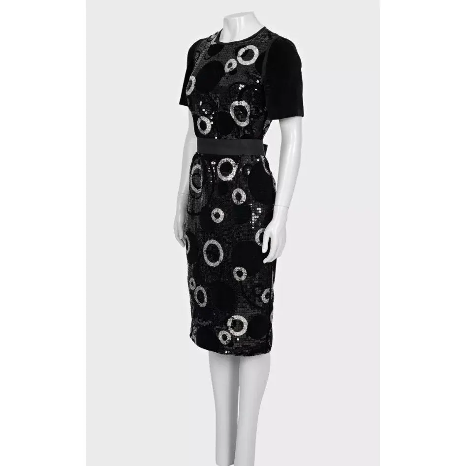 Dolce & Gabbana Sequin Print Cocktail Dress Sz.44 Pre-owned Black Silk Good - Back View