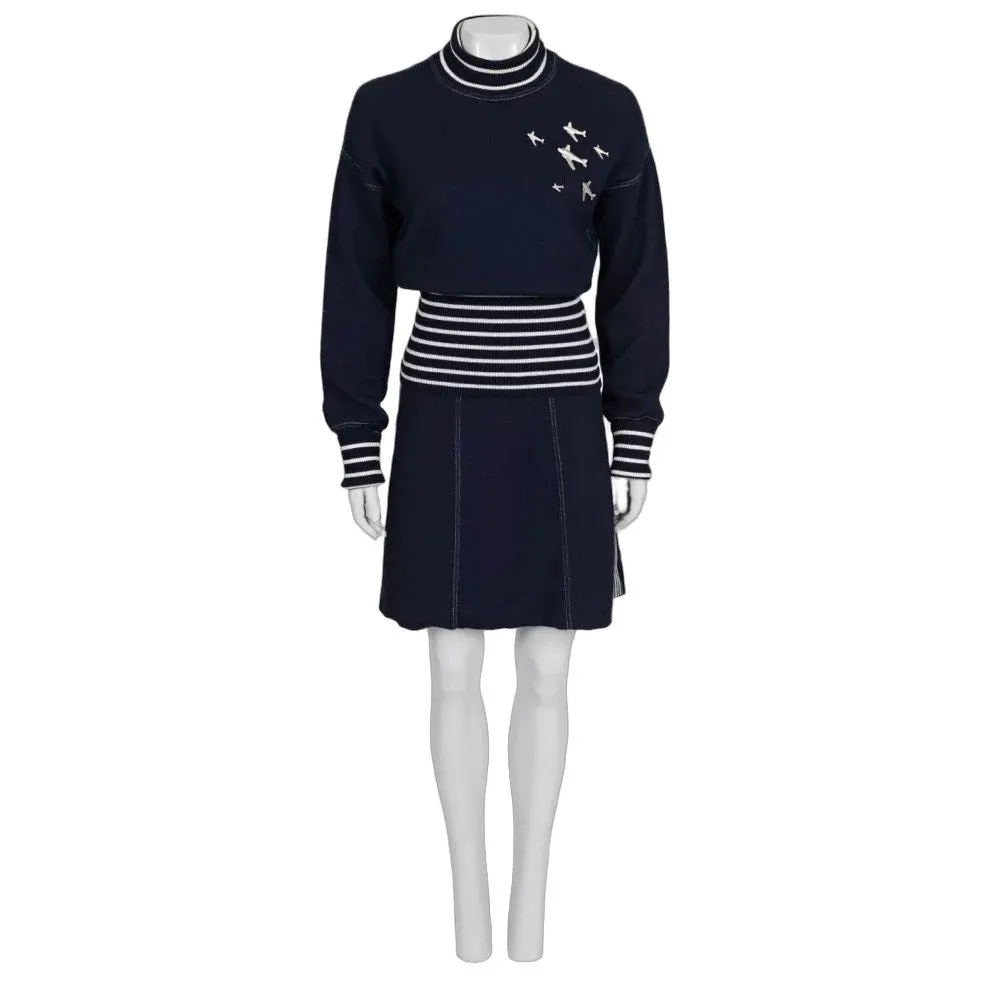 Chanel 2008 Cruise Blue Knit Embellished Skirt Suit Sz 38 Pre-owned Blue Cotton Good - Front View