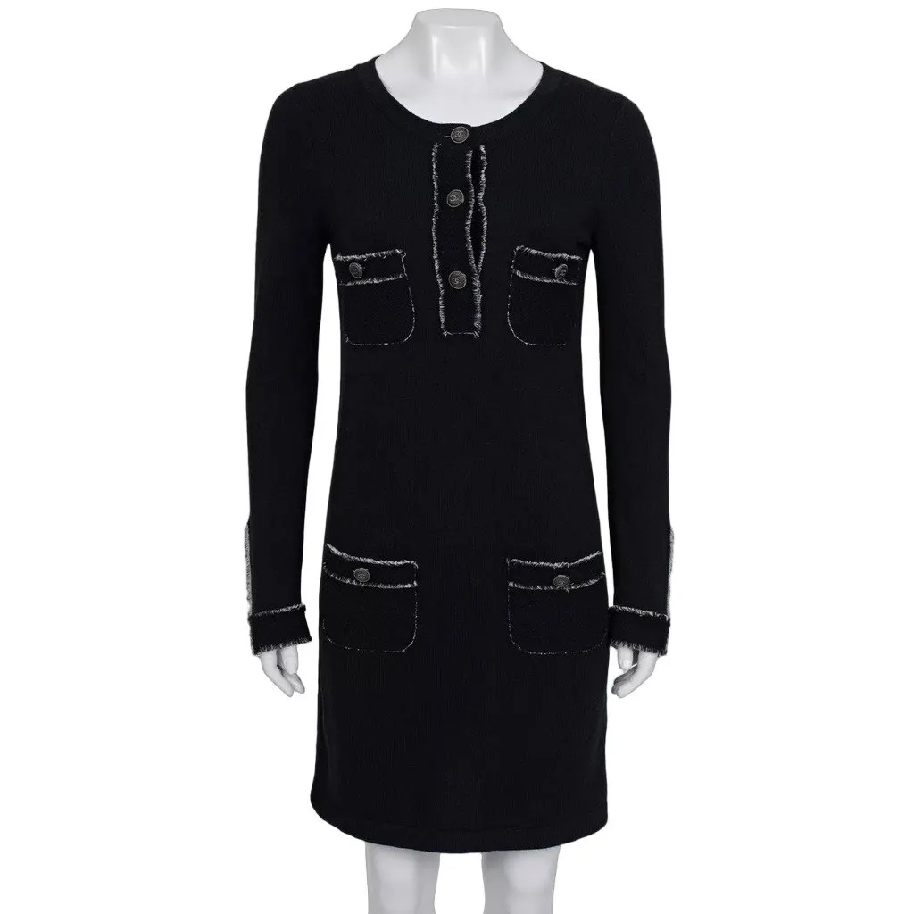 Chanel Cashmere Dress with Signature Buttons Sz.36 Pre-owned Black Wool Never worn - Front View