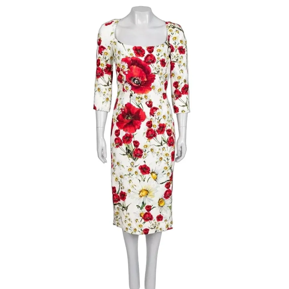 Dolce & Gabbana White Floral Sheath Dress IT 42 Pre-owned White Silk Good - Front View