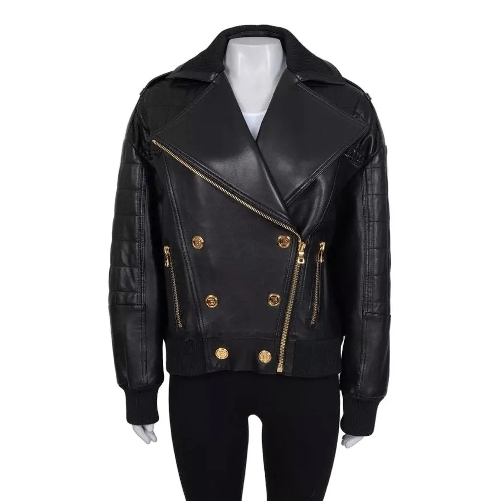 Balmain Black Lamb Leather Jacket Gold Buttons FR 36 Pre-owned Black Leather Good - Front View