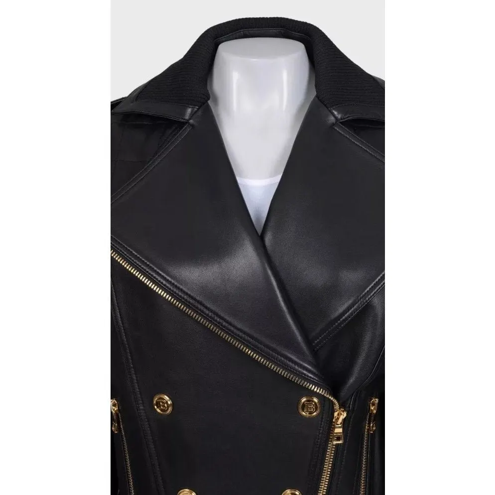 Balmain Black Lamb Leather Jacket Gold Buttons FR 36 Pre-owned Black Leather Good - Inside View