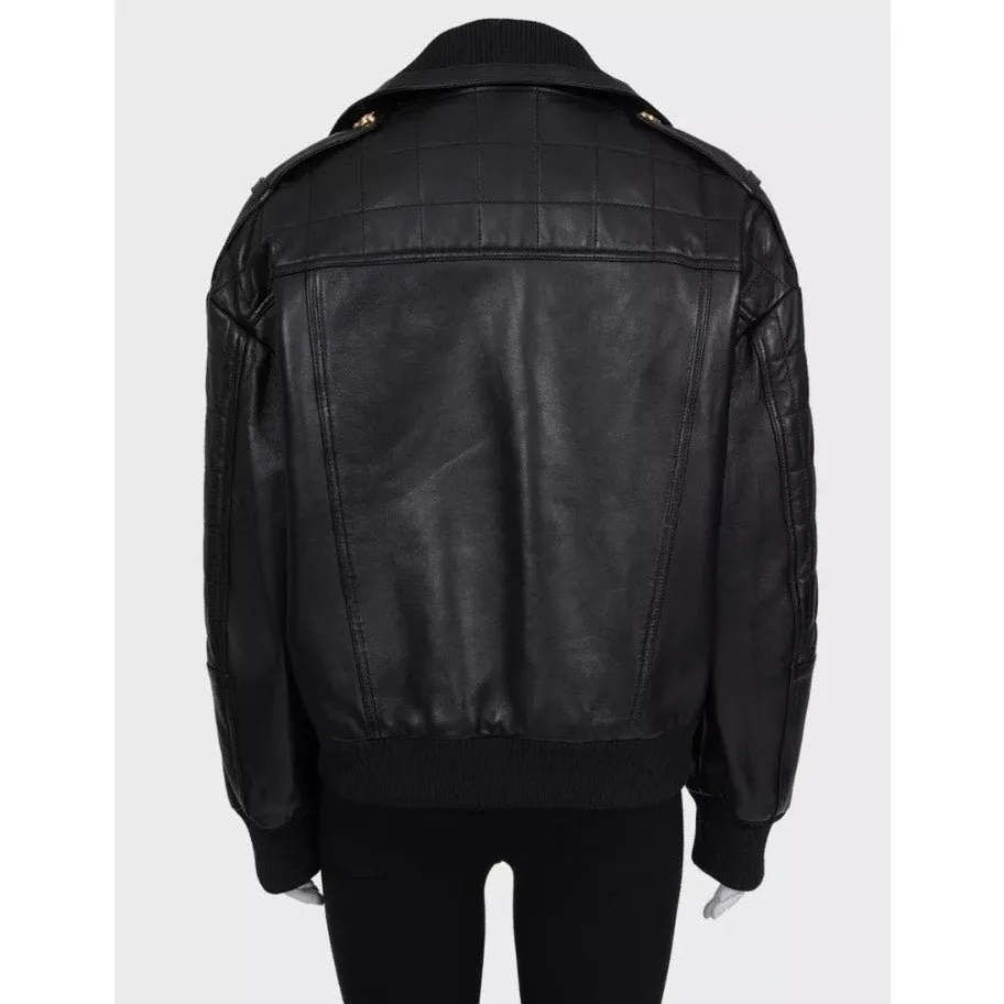 Balmain Black Lamb Leather Jacket Gold Buttons FR 36 Pre-owned Black Leather Good - Model View