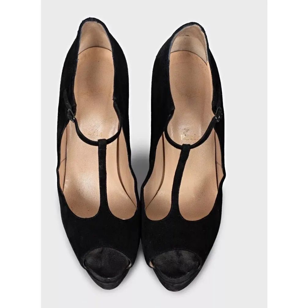 Christian Louboutin Black Suede Open-Toe Stiletto Heels Size 40 Pre-owned Black Suede Good - Back View