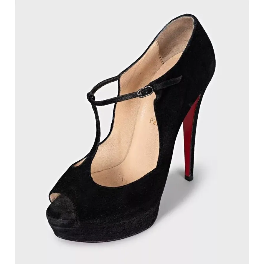 Christian Louboutin Black Suede Open-Toe Stiletto Heels Size 40 Pre-owned Black Suede Good - Inside View