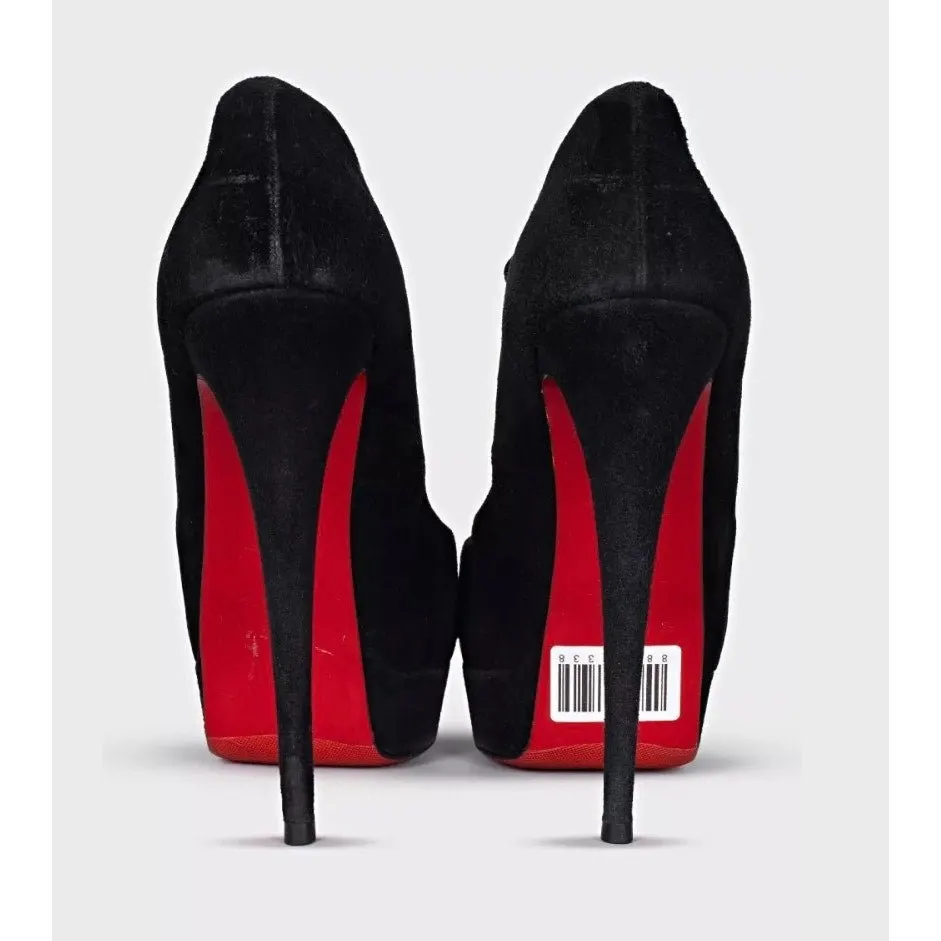 Christian Louboutin Black Suede Open-Toe Stiletto Heels Size 40 Pre-owned Black Suede Good - Model View