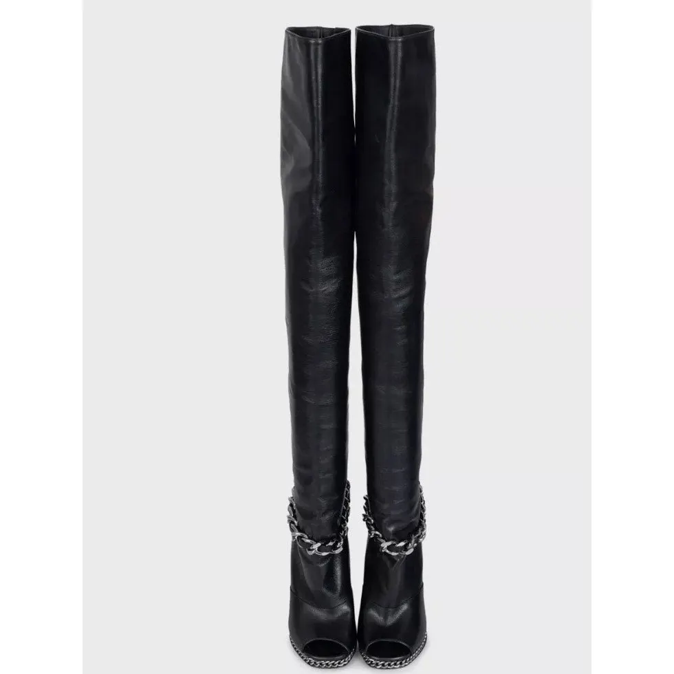 Balmain Black Leather Open-Toe Over-the-Knee Boots Sz.38 Pre-owned Black Leather Good - Back View