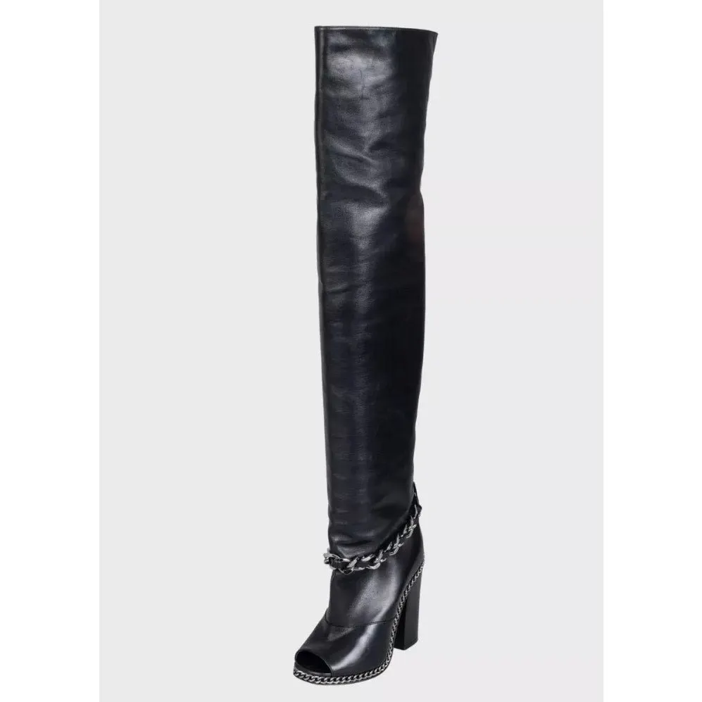 Balmain Black Leather Open-Toe Over-the-Knee Boots Sz.38 Pre-owned Black Leather Good - Inside View