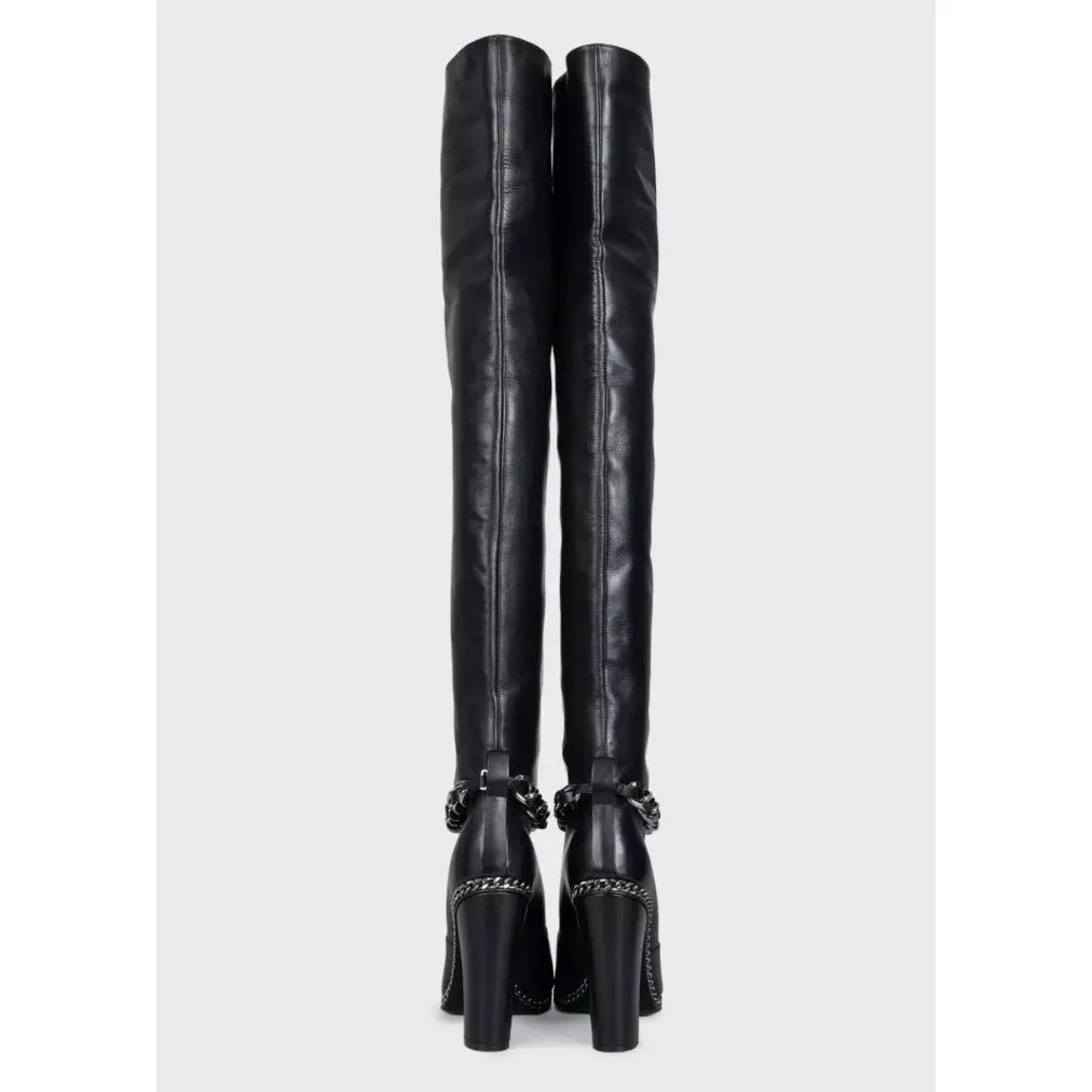 Balmain Black Leather Open-Toe Over-the-Knee Boots Sz.38 Pre-owned Black Leather Good - Model View