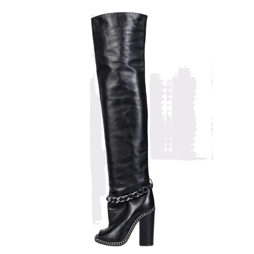 Balmain Black Leather Open-Toe Over-the-Knee Boots Sz.38 Pre-owned Black Leather Good - Front View