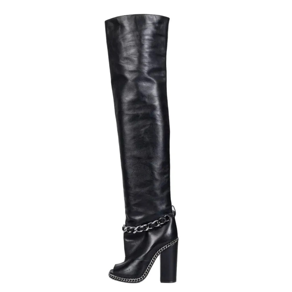 Balmain Black Leather Open-Toe Over-the-Knee Boots Sz.38 Pre-owned Black Leather Good - Front View