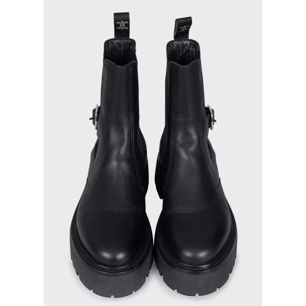 Celine Black Leather Boots with Silver Buckle - EU 39 Pre-owned Black Leather Good - Back View