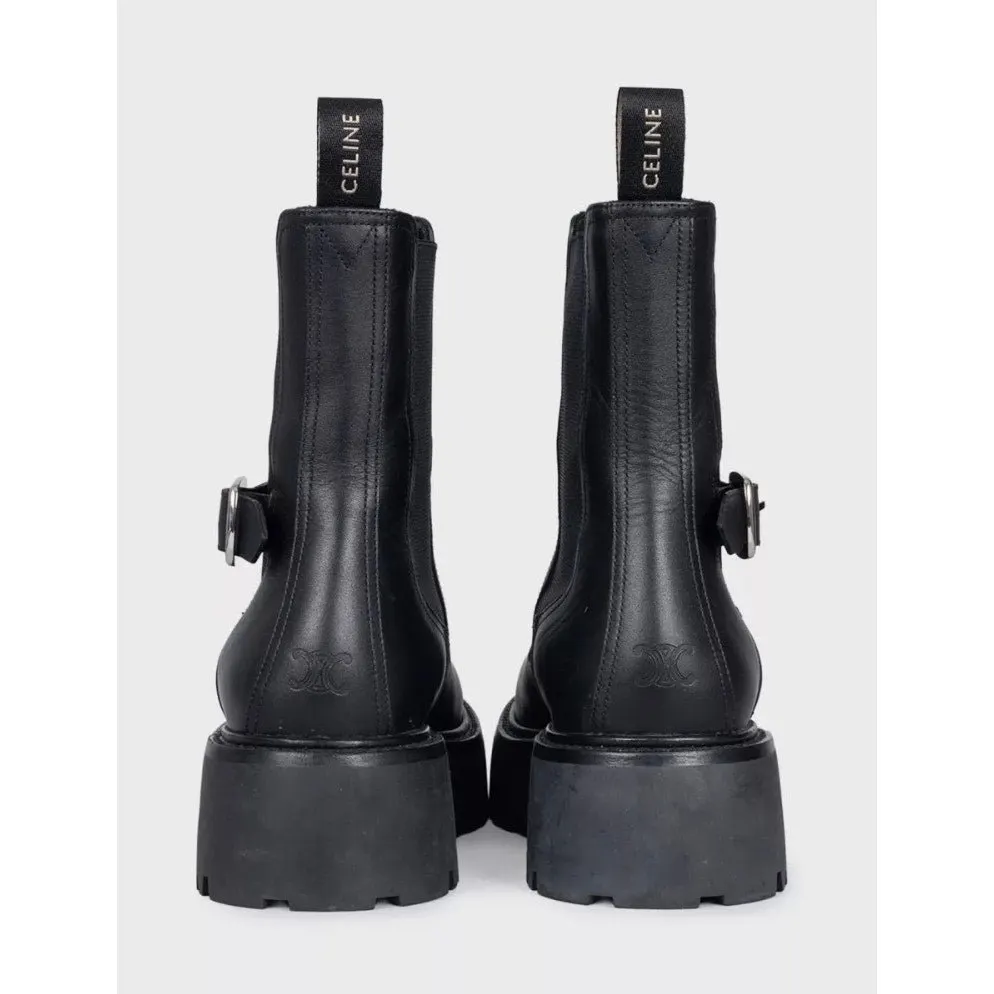 Celine Black Leather Boots with Silver Buckle - EU 39 Pre-owned Black Leather Good - Model View