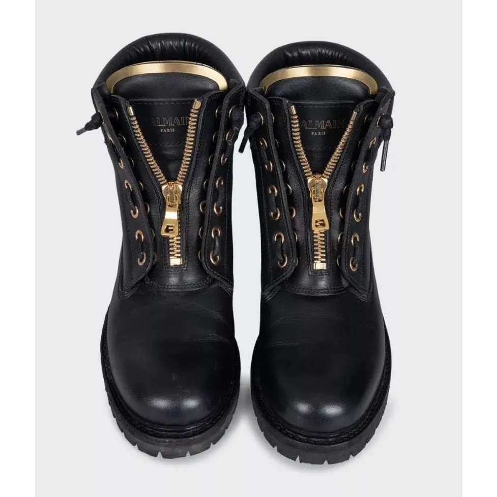 Balmain Black Leather Boots with Gold-Tone Hardware Sz.39 Pre-owned Black Leather Good - Back View