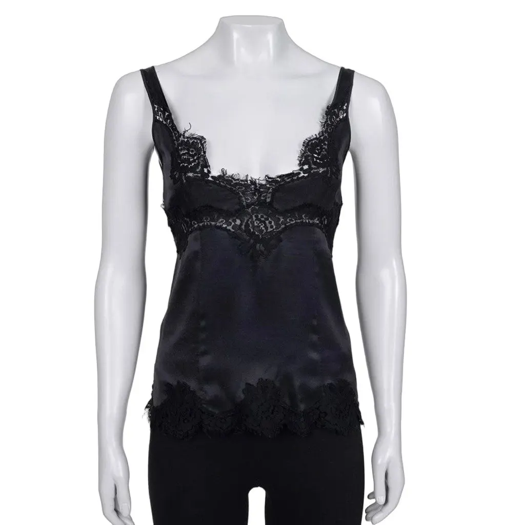 Dolce & Gabbana Black Lace Trim Fitted Tank Top IT 40 Pre-owned Black Lace Good - Front View