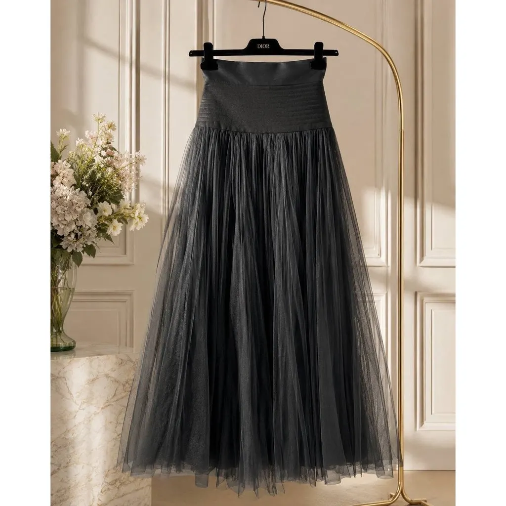 Christian Dior Pleated Tulle Maxi Skirt Sz.38 Pre-owned Black Good - Inside View