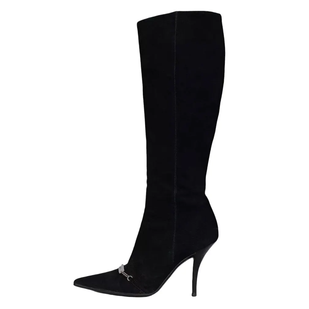 Christian Dior Black Suede Pointed Toe Knee-High Boots Sz.37 Pre-owned Black Suede Good - Front View