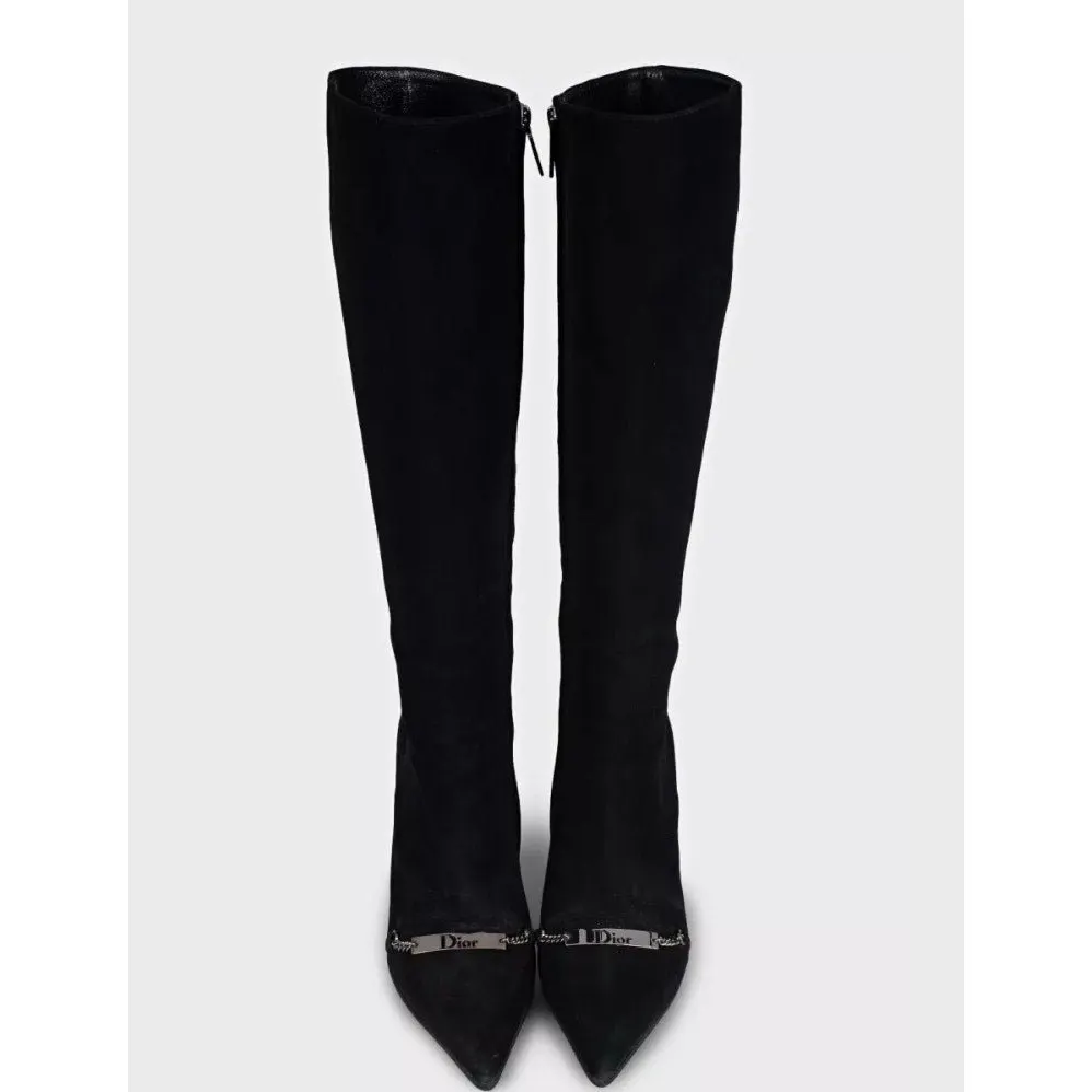 Christian Dior Black Suede Pointed Toe Knee-High Boots Sz.37 Pre-owned Black Suede Good - Back View
