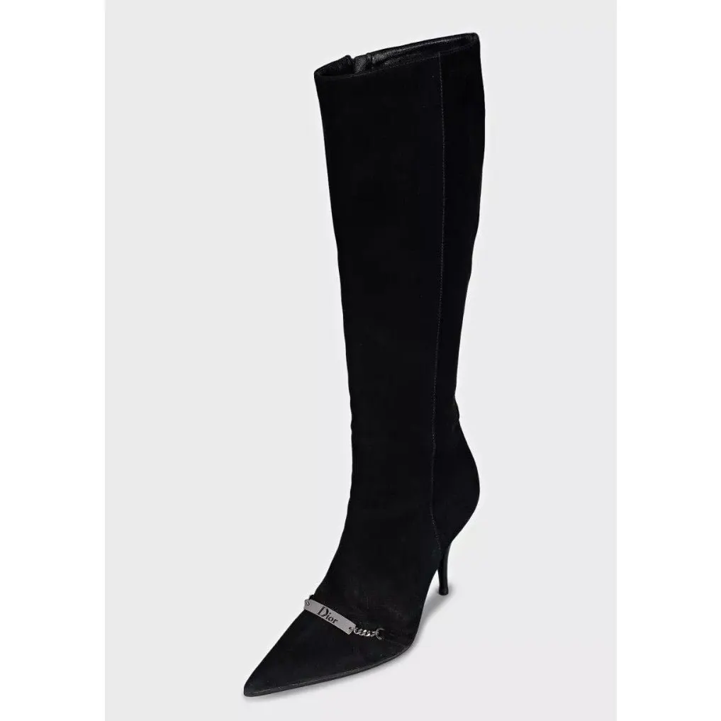 Christian Dior Black Suede Pointed Toe Knee-High Boots Sz.37 Pre-owned Black Suede Good - Inside View