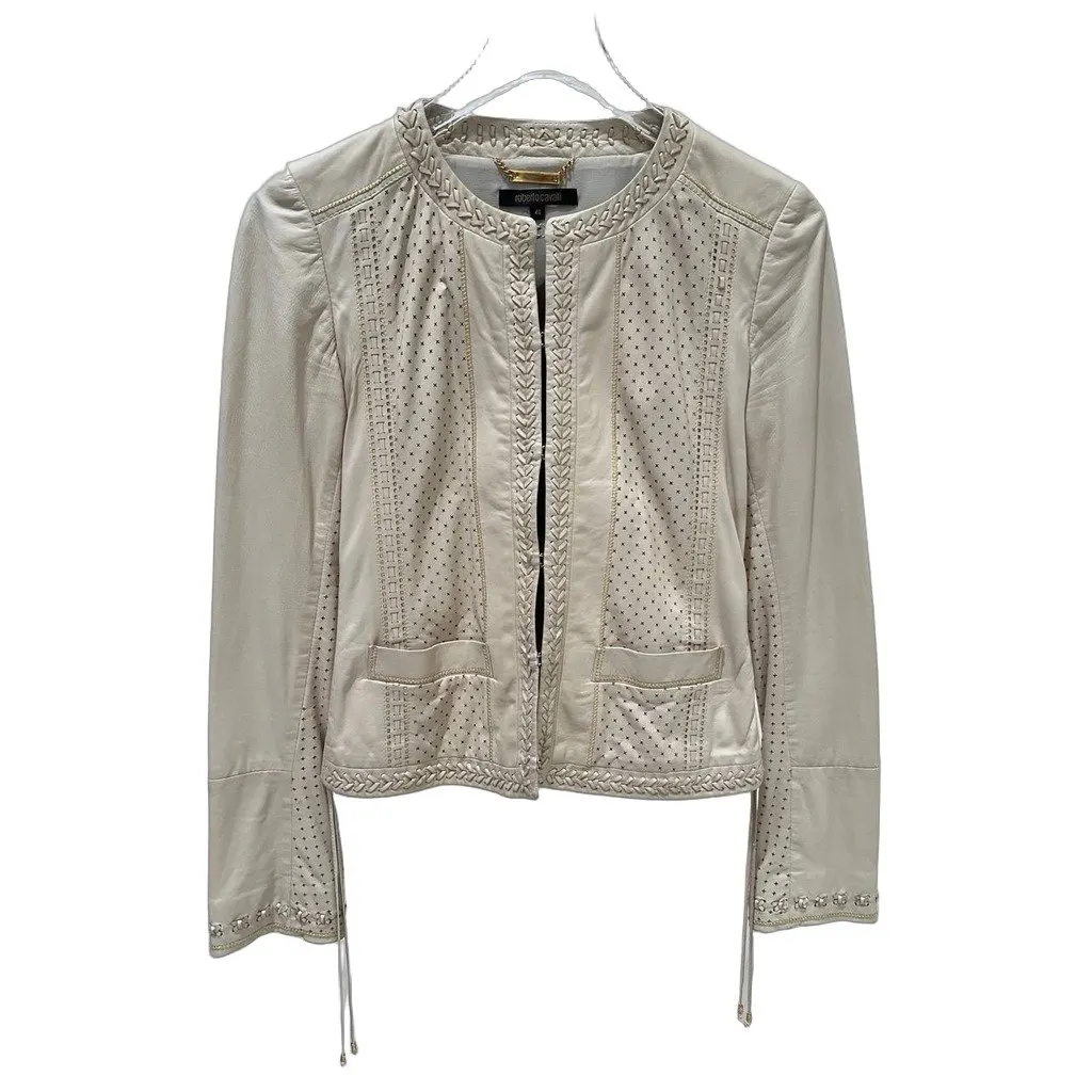 Roberto Cavalli Ivory Leather Cropped Jacket IT 40 Pre-owned