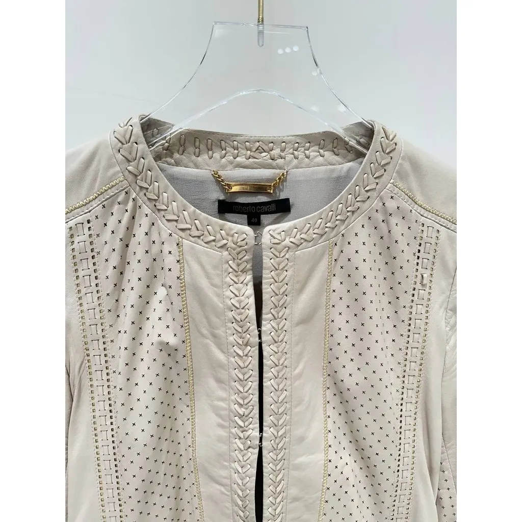 Roberto Cavalli Ivory Leather Cropped Jacket IT 40 Pre-owned White Leather Good - Back View