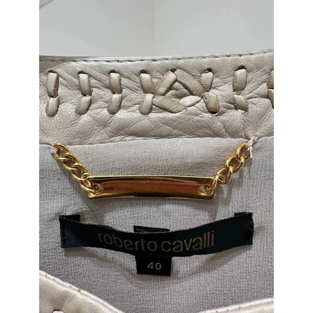 Roberto Cavalli Ivory Leather Cropped Jacket IT 40 Pre-owned White Leather Good - Inside View